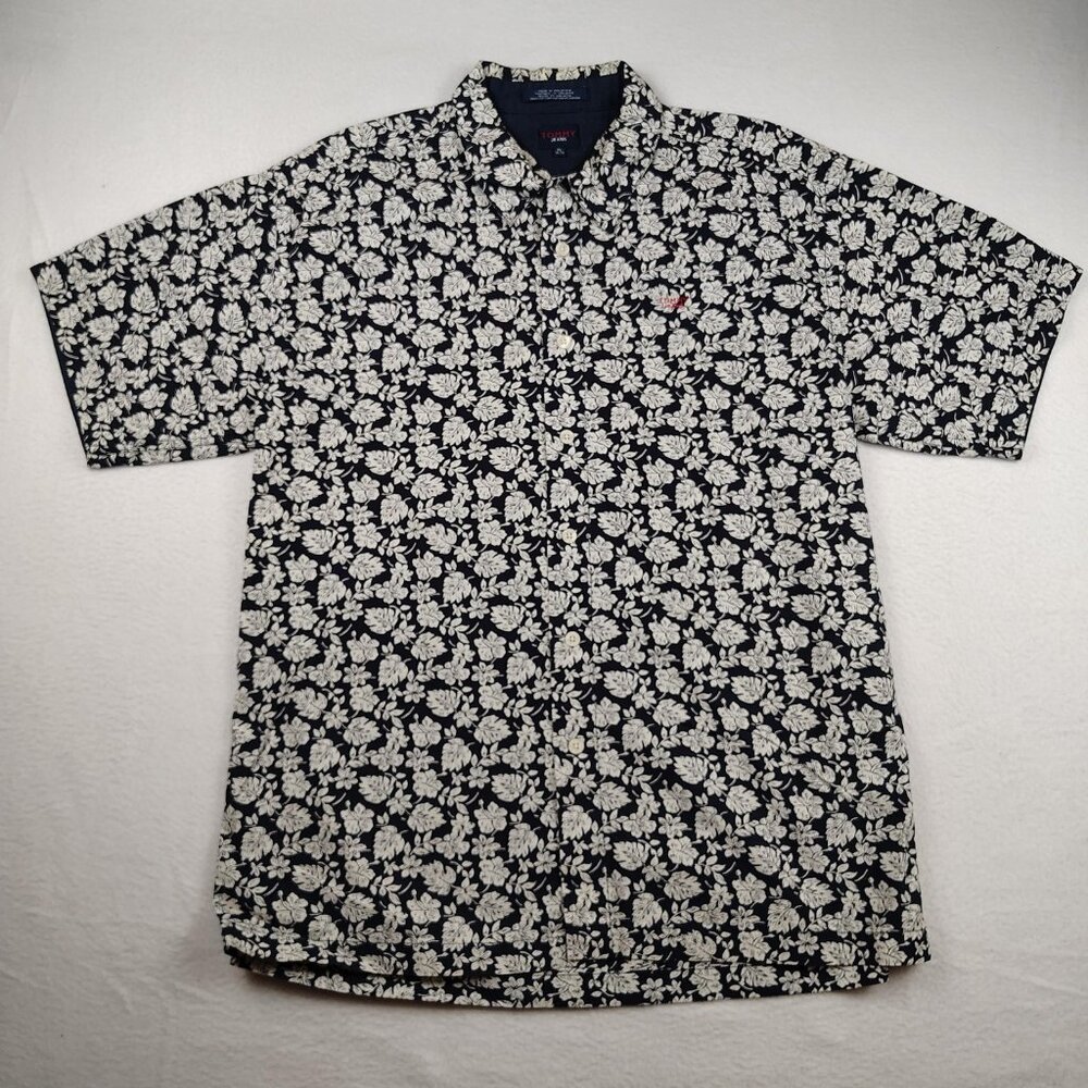 Vintage Tommy Jeans Shirt Mens XL Navy Floral Hawaiian Cotton VTG 00s